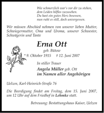 Todesanzeige von Erna Ott von ALLGEMEINE ZEITUNG UELZEN