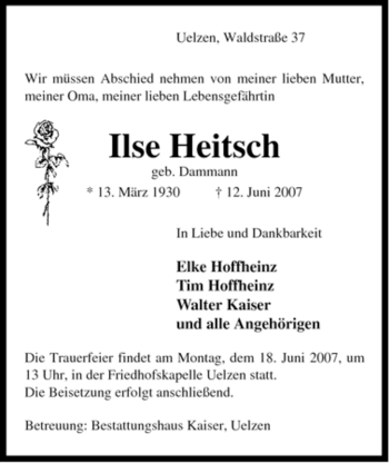 Todesanzeige von Ilse Heitsch von ALLGEMEINE ZEITUNG UELZEN