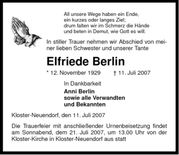 Todesanzeige von Elfriede Berlin von ALLGEMEINE ZEITUNG UELZEN