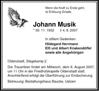 Todesanzeige von Johann Musik von ALLGEMEINE ZEITUNG UELZEN