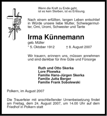 Todesanzeige von Irma Künnemann von ALLGEMEINE ZEITUNG UELZEN