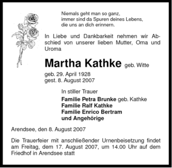 Todesanzeige von Martha Kathke von ALLGEMEINE ZEITUNG UELZEN