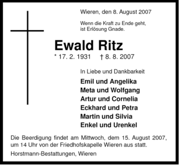Todesanzeige von Ewald Ritz von ALLGEMEINE ZEITUNG UELZEN