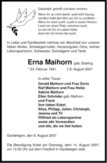 Todesanzeige von Erna Maihorn von ALLGEMEINE ZEITUNG UELZEN