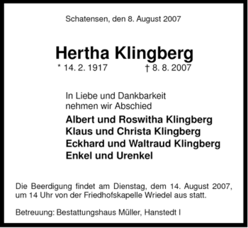 Todesanzeige von Hertha Klingberg von ALLGEMEINE ZEITUNG UELZEN