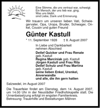 Todesanzeige von Günter Kastull von ALLGEMEINE ZEITUNG UELZEN