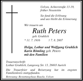 Todesanzeige von Ruth Peters von ALLGEMEINE ZEITUNG UELZEN