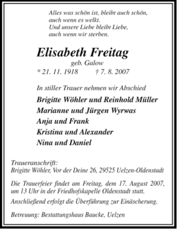 Todesanzeige von Elisabeth Freitag von ALLGEMEINE ZEITUNG UELZEN