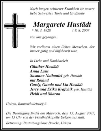 Todesanzeige von Margarete Hustädt von ALLGEMEINE ZEITUNG UELZEN