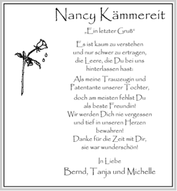 Todesanzeige von Nancy Kämmereit von ALLGEMEINE ZEITUNG UELZEN