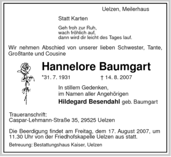 Todesanzeige von Hannelore Hannelore von ALLGEMEINE ZEITUNG UELZEN