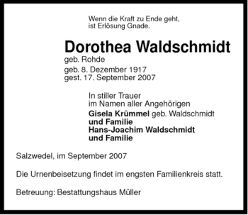 Todesanzeige von Dorothea Waldschmidt von ALLGEMEINE ZEITUNG UELZEN