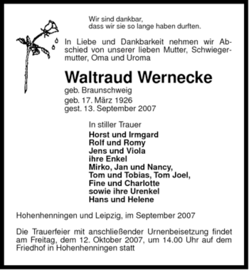 Todesanzeige von Waltraud Wernecke von ALLGEMEINE ZEITUNG UELZEN