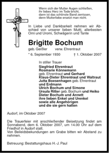 Todesanzeige von Brigitte Bochum von ALLGEMEINE ZEITUNG UELZEN