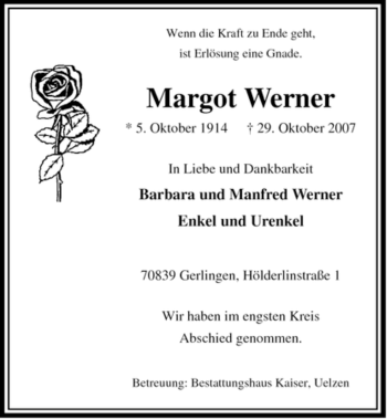 Todesanzeige von Margot Werner von ALLGEMEINE ZEITUNG UELZEN