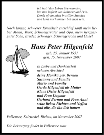 Todesanzeige von Hans Peter von ALLGEMEINE ZEITUNG UELZEN