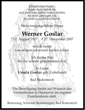 Todesanzeige von Werner Goslar von ALLGEMEINE ZEITUNG UELZEN