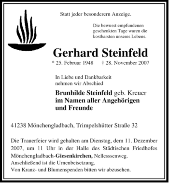 Todesanzeige von Gerhard Steinfeld von ALLGEMEINE ZEITUNG UELZEN