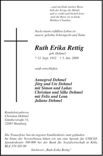 Todesanzeige von Ruth Erika von ALLGEMEINE ZEITUNG UELZEN