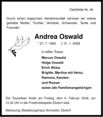 Todesanzeige von Andrea Oswald von ALLGEMEINE ZEITUNG UELZEN
