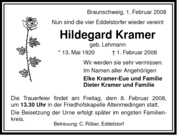 Todesanzeige von Hildegard Kramer von ALLGEMEINE ZEITUNG UELZEN