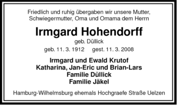 Todesanzeige von Irmgard Hohendorff von ALLGEMEINE ZEITUNG UELZEN