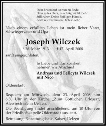 Todesanzeige von Joseph Wilczek von ALLGEMEINE ZEITUNG UELZEN