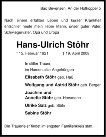 Todesanzeige von Hans-Ulrich Stöhr von ALLGEMEINE ZEITUNG UELZEN