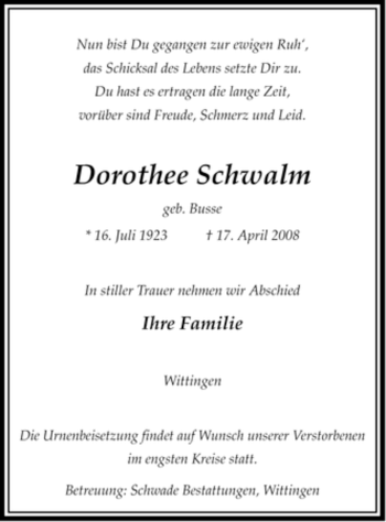 Todesanzeige von Dorothee Schwalm von ALLGEMEINE ZEITUNG UELZEN