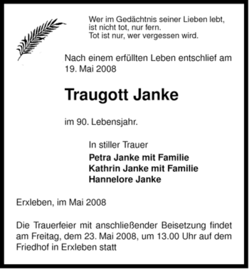 Todesanzeige von Traugott Janke von ALLGEMEINE ZEITUNG UELZEN