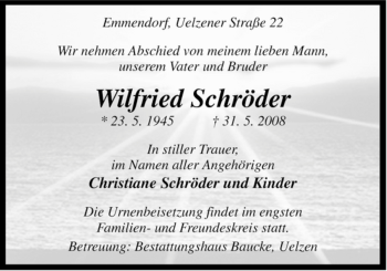 Todesanzeige von Wilfried Schröder von ALLGEMEINE ZEITUNG UELZEN