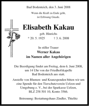 Todesanzeige von Elisabeth Kakau von ALLGEMEINE ZEITUNG UELZEN
