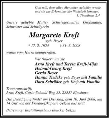 Todesanzeige von Margarete Kreft von ALLGEMEINE ZEITUNG UELZEN