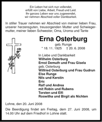 Todesanzeige von Erna Osterburg von ALLGEMEINE ZEITUNG UELZEN