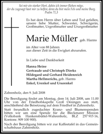 Todesanzeige von Marie Müller von ALLGEMEINE ZEITUNG UELZEN