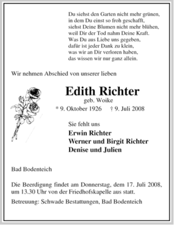 Todesanzeige von Edith Richter von ALLGEMEINE ZEITUNG UELZEN