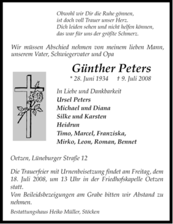 Todesanzeige von Günther Peters von ALLGEMEINE ZEITUNG UELZEN