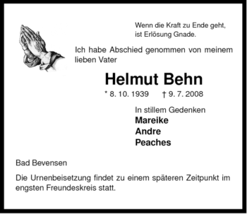 Todesanzeige von Helmut Behn von ALLGEMEINE ZEITUNG UELZEN