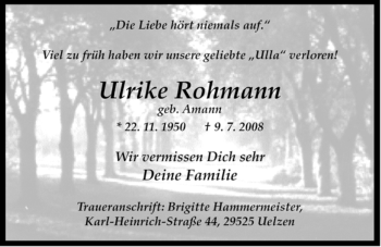 Todesanzeige von Ulrike Rohmann von ALLGEMEINE ZEITUNG UELZEN