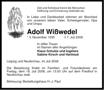 Todesanzeige von Adolf Wißwedel von ALLGEMEINE ZEITUNG UELZEN