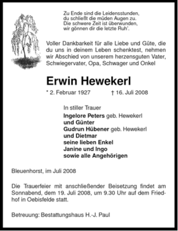 Todesanzeige von Erwin Hewekerl von ALLGEMEINE ZEITUNG UELZEN