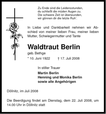 Todesanzeige von Waltraut Berlin von ALLGEMEINE ZEITUNG UELZEN