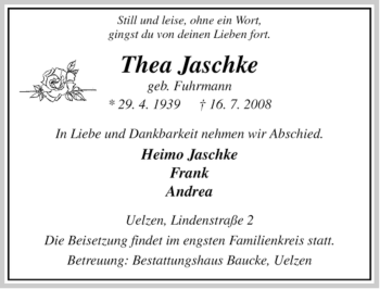 Todesanzeige von Thea Jaschke von ALLGEMEINE ZEITUNG UELZEN
