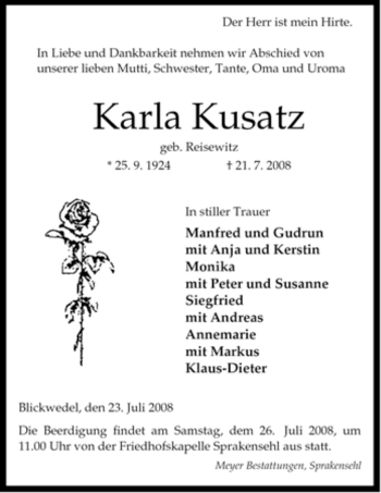 Todesanzeige von Karla Kusatz von ALLGEMEINE ZEITUNG UELZEN