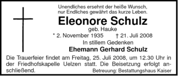 Todesanzeige von Eleonore Schulz von ALLGEMEINE ZEITUNG UELZEN