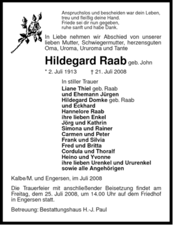 Todesanzeige von Hildegard Raab von ALLGEMEINE ZEITUNG UELZEN