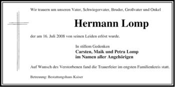 Todesanzeige von Hermann Lomp von ALLGEMEINE ZEITUNG UELZEN