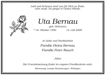Todesanzeige von Uta Bernau von ALLGEMEINE ZEITUNG UELZEN