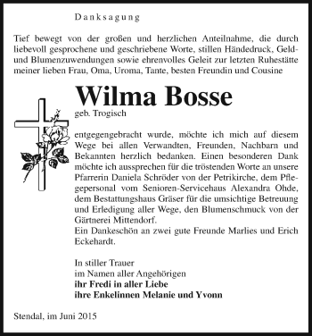 Todesanzeige von Wilma Bosse von Uelzen