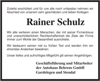 Todesanzeige von Rainer Schulz von ALLGEMEINE ZEITUNG UELZEN